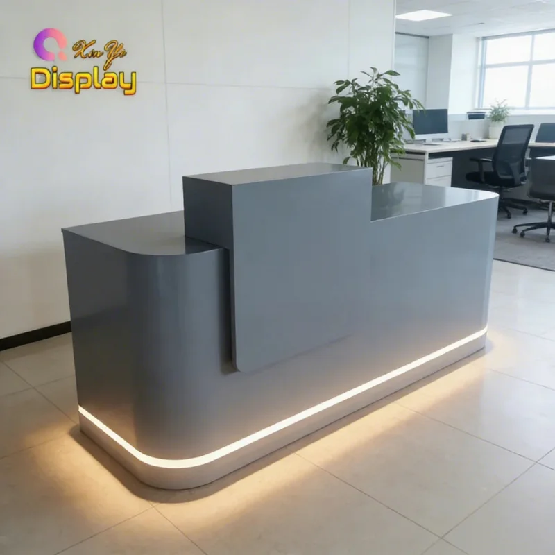 custom.Modern Minimalist LED MDF Reception Display Cabinet Curved Corner Heavy Duty Multifunctional Storage Front Counter Busine