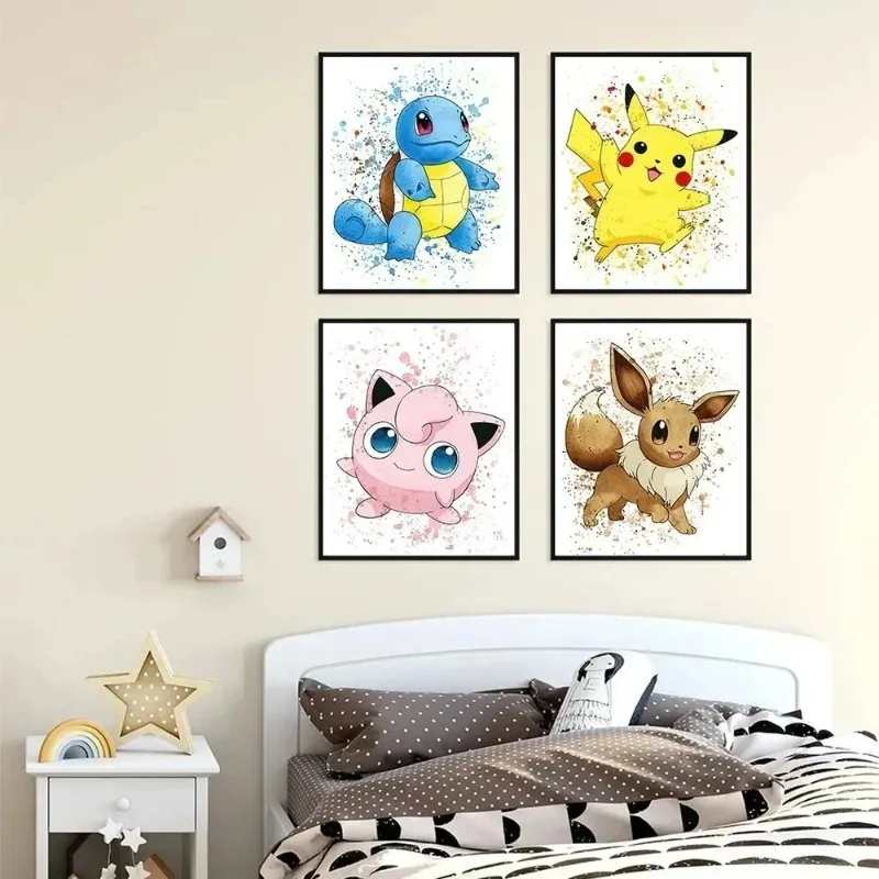 

Japan Anime Pocket monster Figure Kawaii Pikachu Canvas Posters Watercolor Painting Wall Art Picture Best gift home decoration