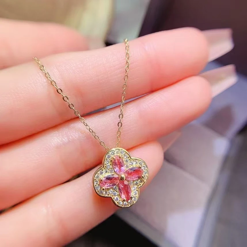 New natural pink sapphire necklace, finely inlaid with 925 sterling silver, simple and fashionable, holiday gift