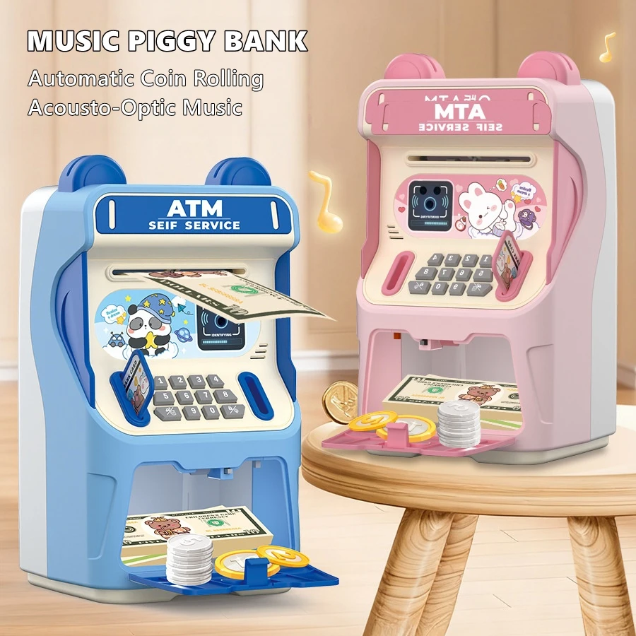 어린이 ATM 저금통, 음향광학 효과, 비밀번호 잠금 해제, 자동 동전 롤링 머니 박스 장난감, 남아 여아 선물