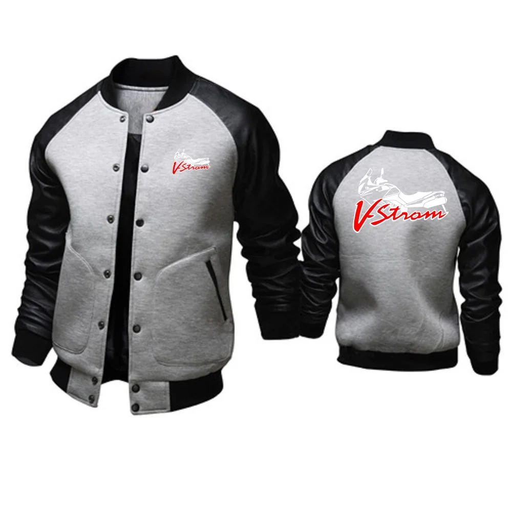 Men\'s Baseball Coats Patchwork Leather PU Sleeve Bomber Jacket V-Strom DL 650 Motorsport Team Logo Suzukies Motorcycle Outwear