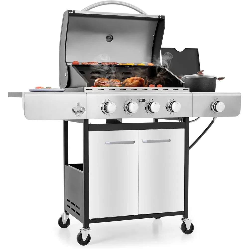 

MFSTUDIO 4 Burner Propane Gas BBQ Grill with Porcelain-Enameled Cast Iron Grates and Side Burner, 42,000BTU Outdoor Patio Garden