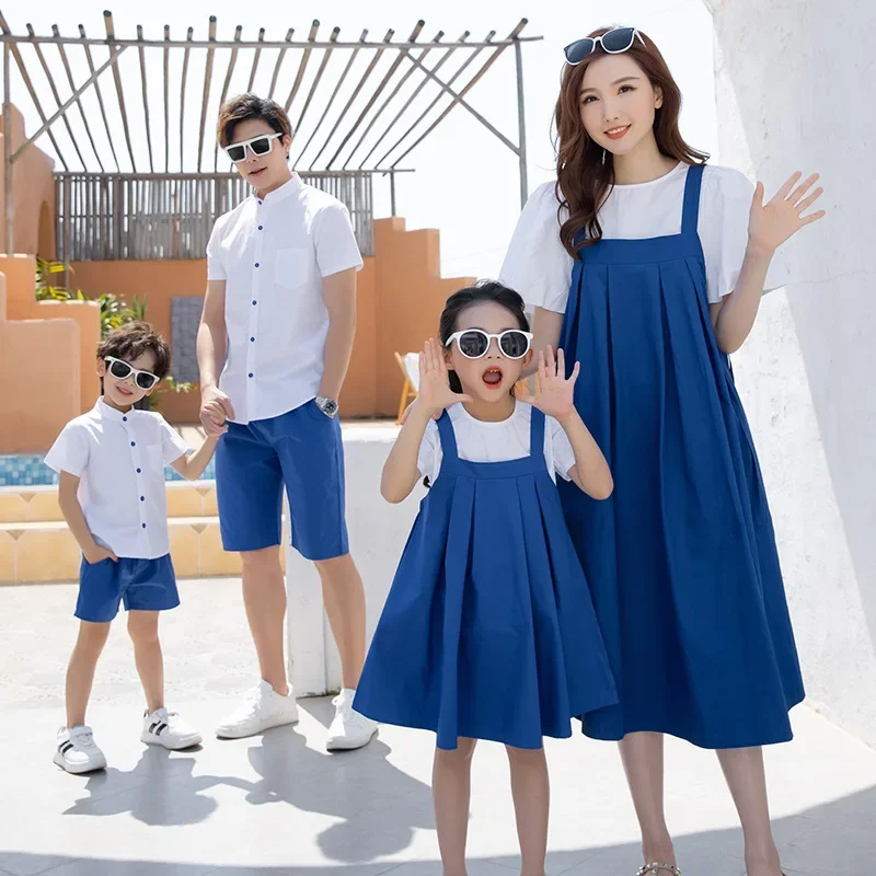 Matching Outfits for The Family Holiday Mom and Daughter T Shirts+sleeveless Dress Two Piece Clothes Sets Dad and Son Tees Suit