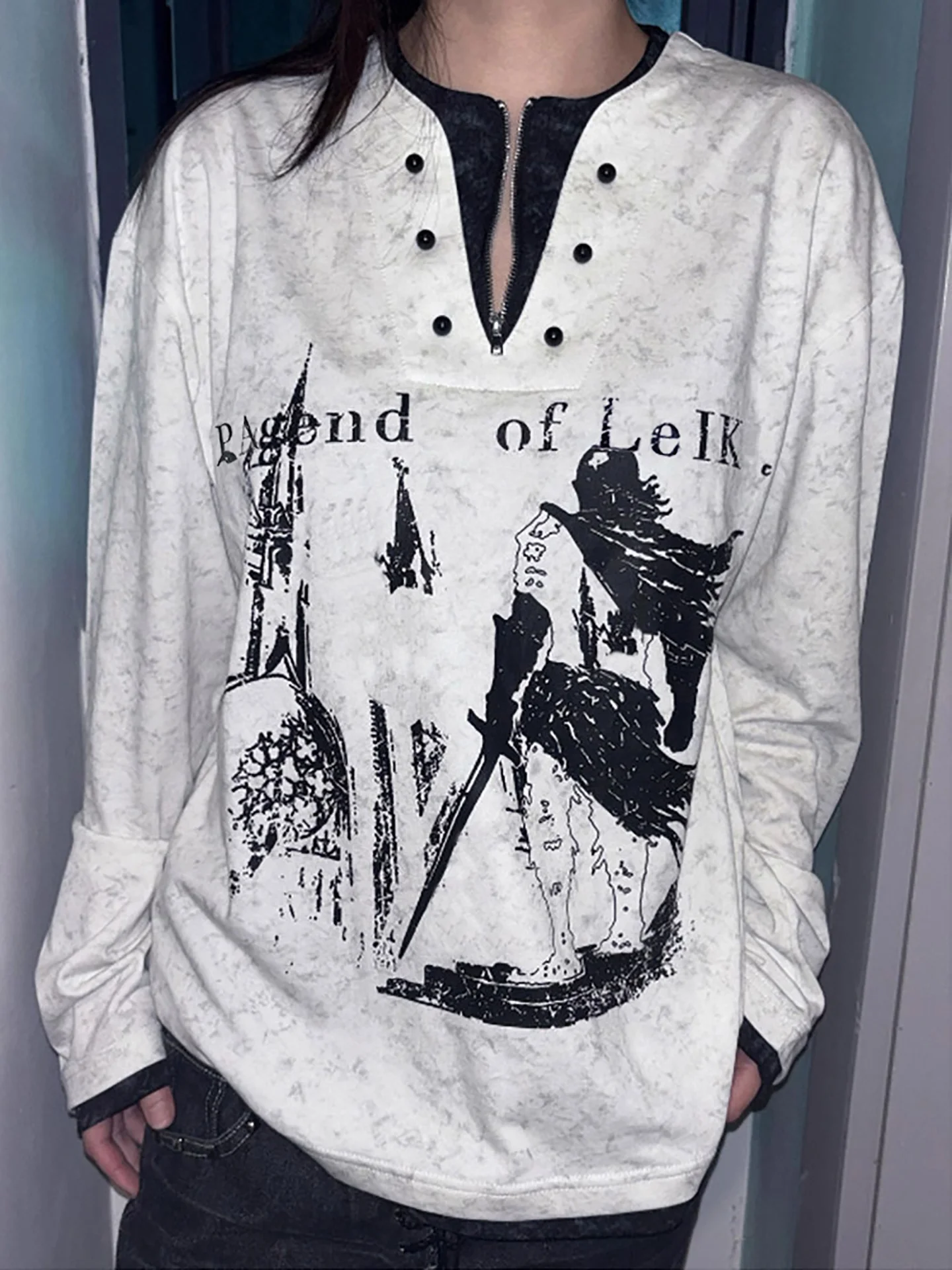 Visual Knight Castle Fake Two-Piece Sweatshirt Men's American Henry Collar Punk Style Loose Subculture Long Sleeve T-Shirt