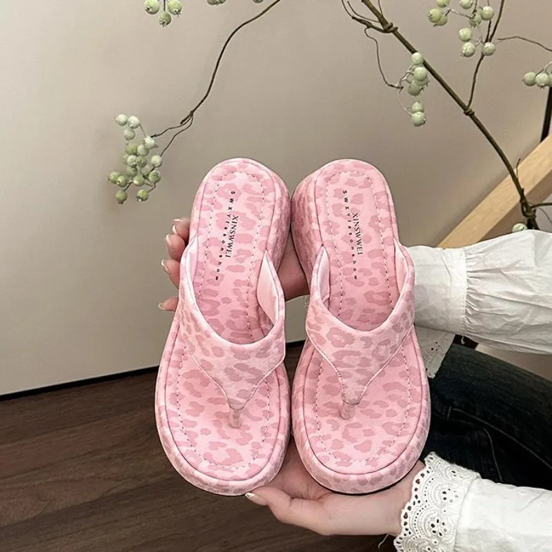 Summer Leopard Flip Flops Women Slippers Fashion Platform Wedges Heeled Slides Ladies Elegant Street Style Shoes Pantuflas Mujer