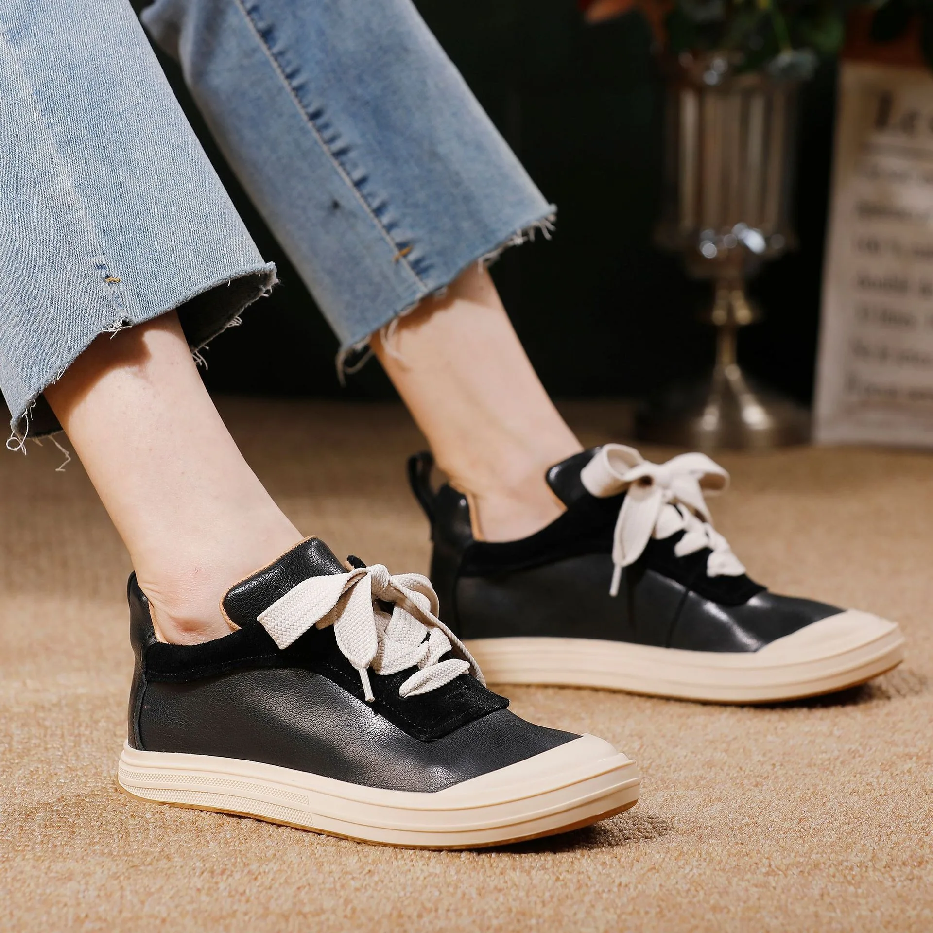 

Birkuir Fashion Lace Up Flats Shoes Soft Soles Red Vulcanized Shoes Mixed Colors Luxury Genuine Leather Comfort Leisure Shoes