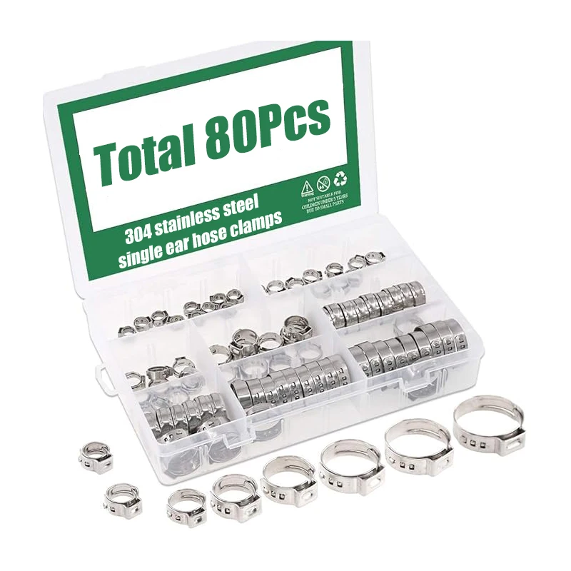 

80pcs Hose Clamps 5.3-11.3mm Single Ear Stepless 304 Stainless Steel Hose Clamps Cinch Clamp Rings for Sealing Kinds