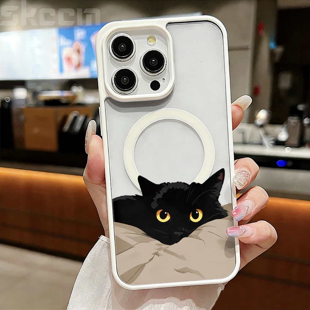 Niedliche Schwarze Katze Ästhetische Transparente Hülle für iPhone 17 16 11 12 15 Pro Max 13 14 Plus Hüllen für Magsafe Kabelloses Laden Drop Cover – Detail 3