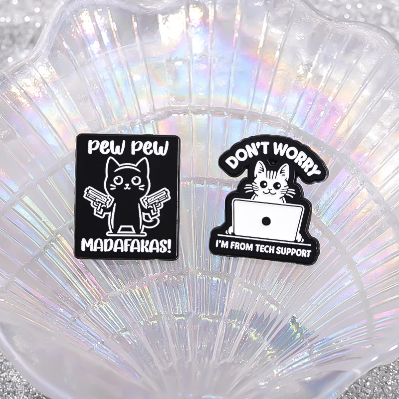 PEW PEW MADAFAKAS Enamel Pins Custom Funny Cat Tech Support Animal Brooches Lapel Badge Bag Jewelry Gift for Kids Friends