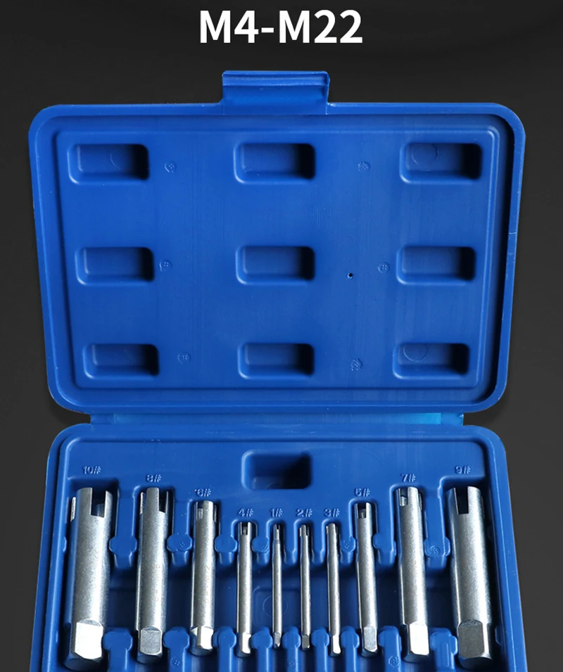 10PCS Schraube Tap Extractor Set M4-M22 Beschädigt Schraube Tippen Entferner Legierung Stahl Gebrochen Kopf Wasserhähne Schlüssel Extractor Drill Bit – Detail 1