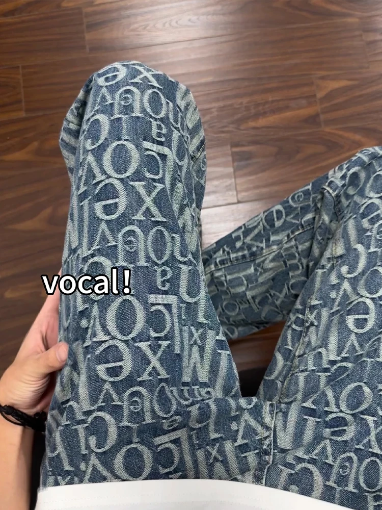 

Джинсовые джинсы с завышенной талией, мужские осенние американские брюки с высокой талией и вышивкой букв, прямые брюки свободного покроя, повседневные универсальные утягивающие брюки