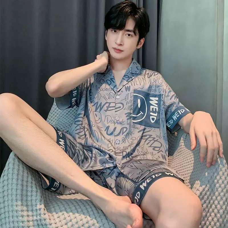 Large Size Men‘s Pajamas Set Ice Silk Cartoon Bear Short-Sleeved Student Two-Piece Button Tops and Pants Youth Student Sleepwear