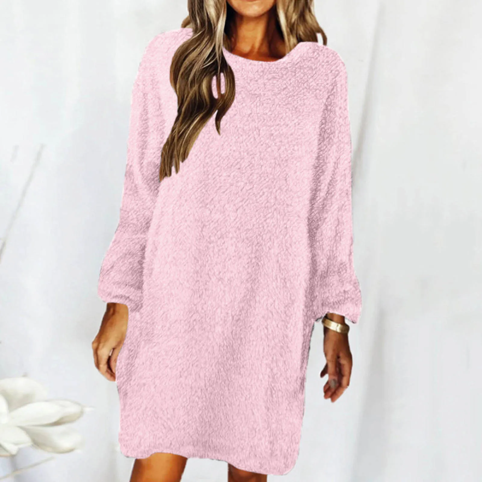 

Women'S New Autumn And Winter Dress Solid Color Round Neck Long Sleeve Jumper Loose Plush Mid-Length Dress Casual Thermal Dress