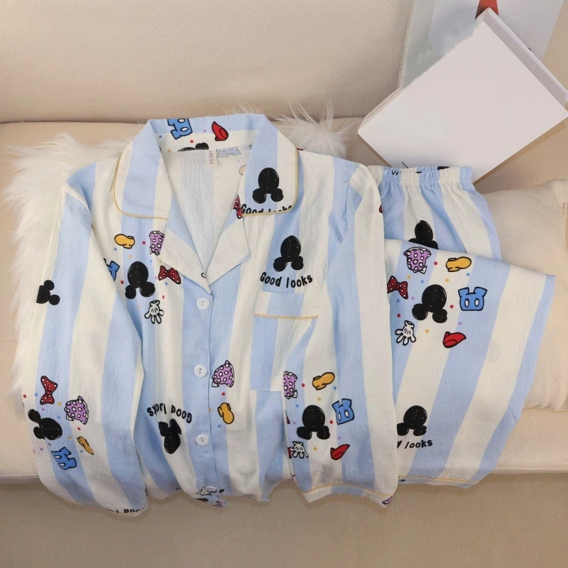 

Cartoon Mickey Mouse Striped Pajamas Set Autumn Winter Long Sleeve Women's Pajamas Set Cute Sweet Homewear Sleepwear Lapel Neck