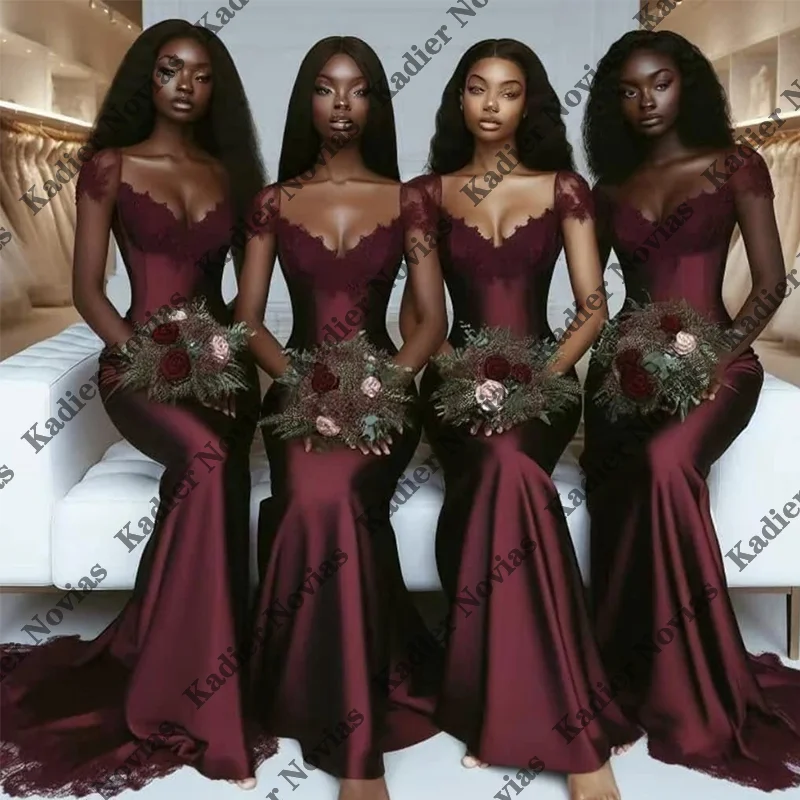

Cap Sleeves Mermaid Bridesmaid Dresses Satin Appliques Long Wedding Guest Dress Sweep Train Customized