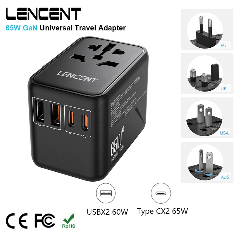 LENCENT 65W GaN uniwersalny Adapter podróżny z 2 portami USB 2 typ C Fast Charher wsparcie PD3.0 PPS EU/UK/USA/AUS wtyczka do podróży