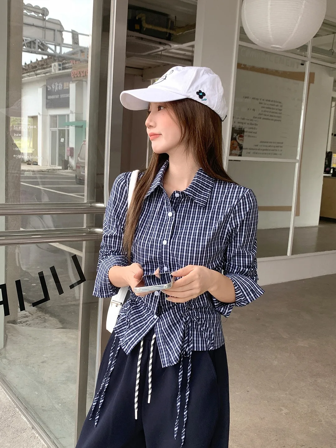 

Slim Fit Long Sve T-irt Women's Korean Sle Plaid Collar Dstring Waist Design Spring 2026 Faion Sensation Top