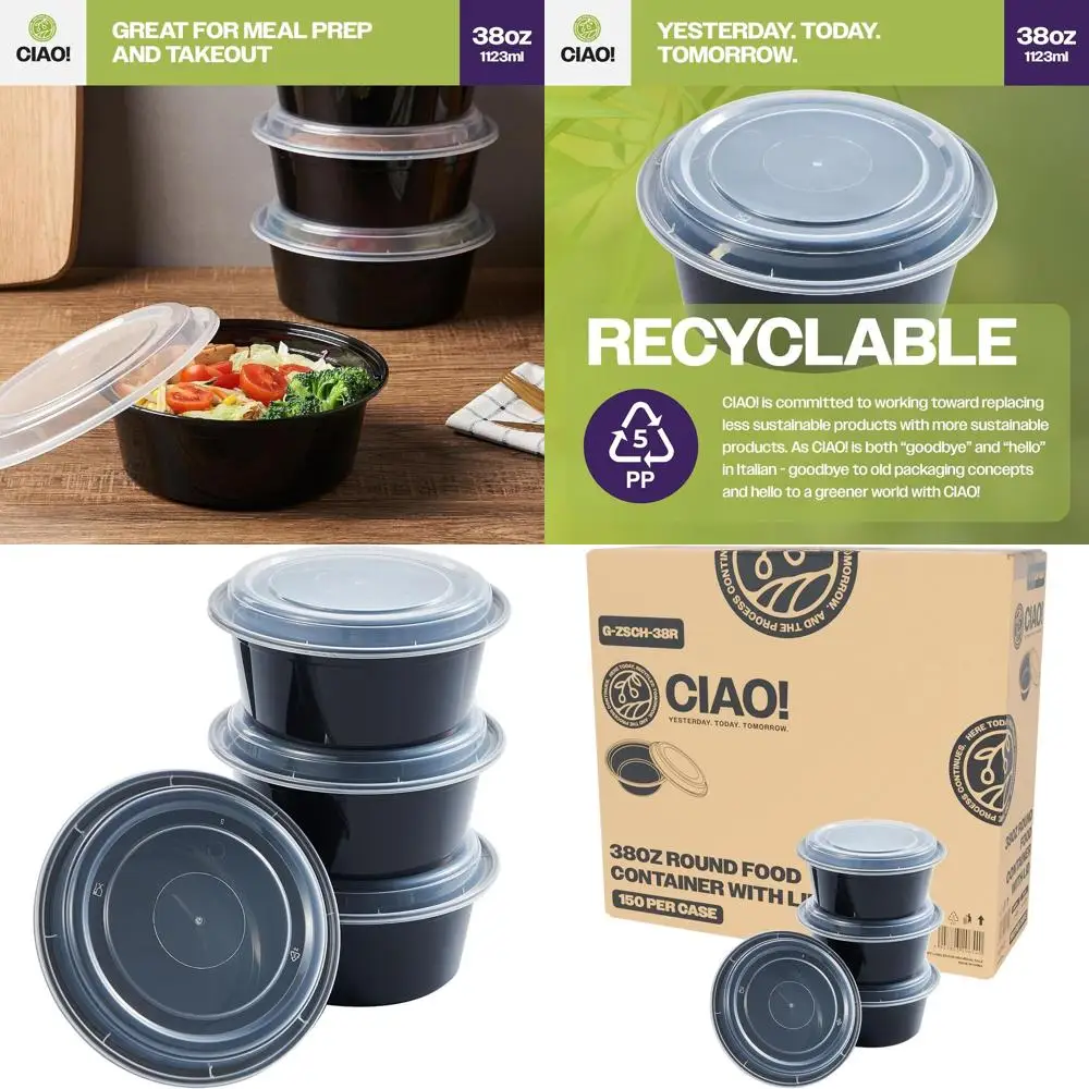 

Контейнер для еды черный, круглый, 38 унций, для микроволновой печи, с крышкой, упаковка 150 шт.