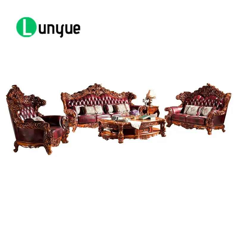 European Carved Solid Wood Leather Sofa Set Full Grain Cowhide Living Room Furniture for Villa Large Apartment Art Design