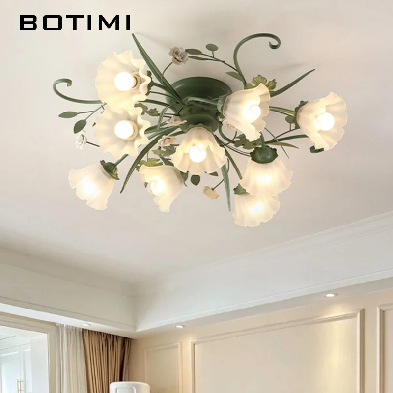 

BOTIMI Countryside Ceiling Lights With Flowers Glass Lampshade For Foyer Bedroom Lamp Romantic Mounted Metal Ceiling Lighting