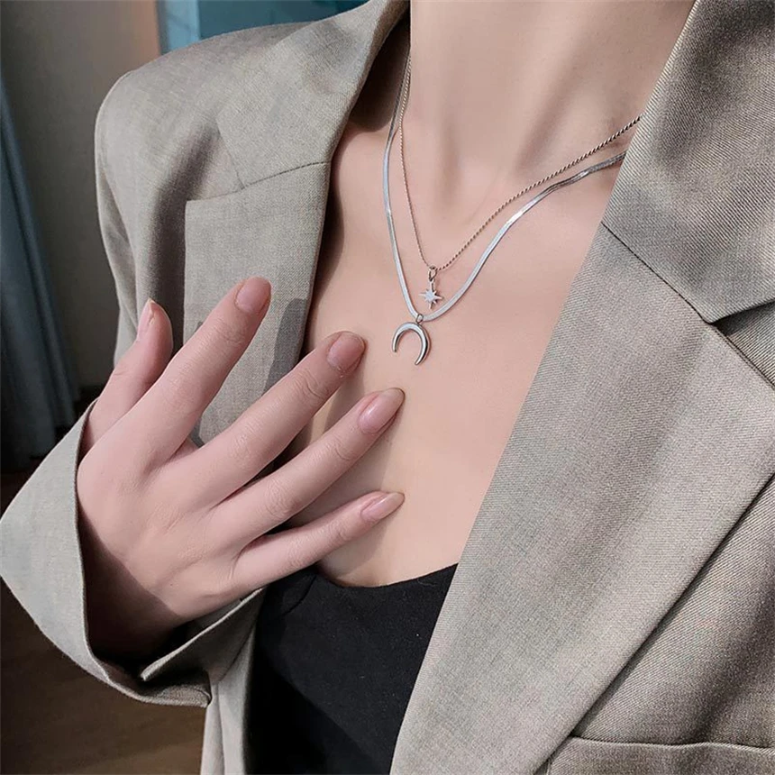 316L Stainless Steel Snake Bone Double Layer Chain Moon Star Pendant Necklace For Women Fashion Fine Jewelry Party Gifts N812