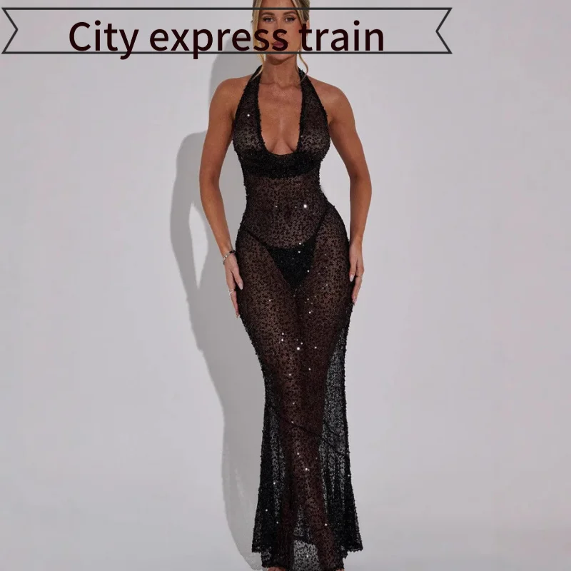 

Модное облегающее платье с глубоким V-образным вырезом, пайетками и шнуровкой, с завышенной талией, из полиэстера, для женщин