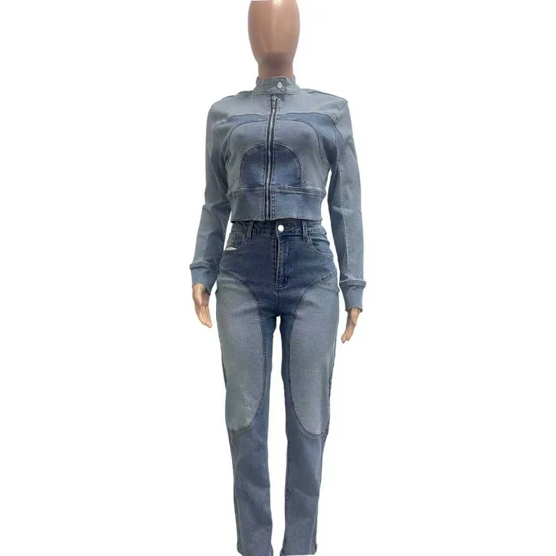 Color Patchwork Denim 2 Piece Set Stand Collar Long Sleeve Zipper Jackets Tops + Button Fly High Waist Pencil Pants Jeans Suits