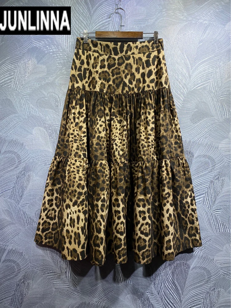 

JUNLINNA 100% Cotton Skirt Spring Autumn Women Runway Fashion Leopard Printed Half Dress Party Vacation Expansion