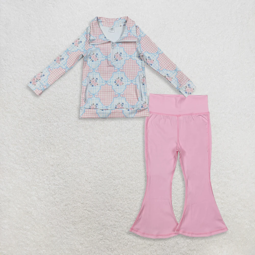 

9.29 Baby Girls Pink Flowers Checked Zipper Pullover Bell Bottom Pants Yoga Active Clothes Sets