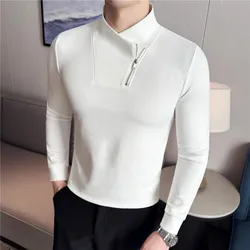 Fashion Zipper Semi High Neck Elastic T-shirt for Men Slim Fit V-neck Long Sleeved Base Shirt Versatile Casual Business Tee Tops