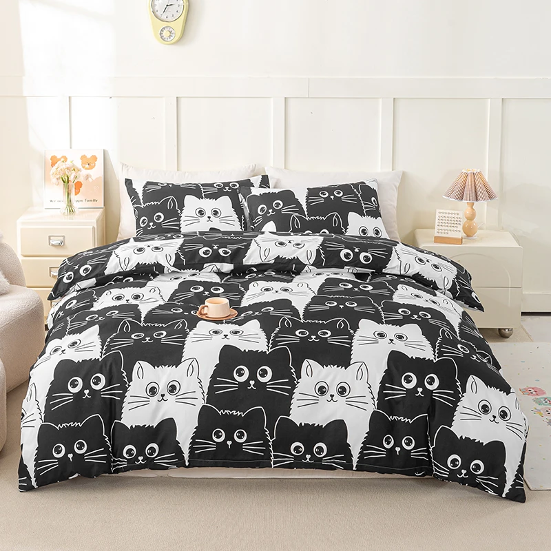 3pcs Cat Print Duvet Cover Set, Soft Skin-Friendly Bedding Set Includes 1 Duvet Cover And 2 Pillowcases