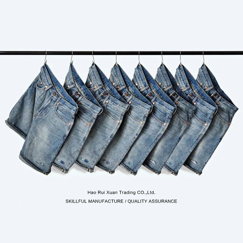 

Waed Five-Point Loose orts Hand Embroidery Vintage Denim Youth Casual Summer Workwear Straight Leg Jeans orts
