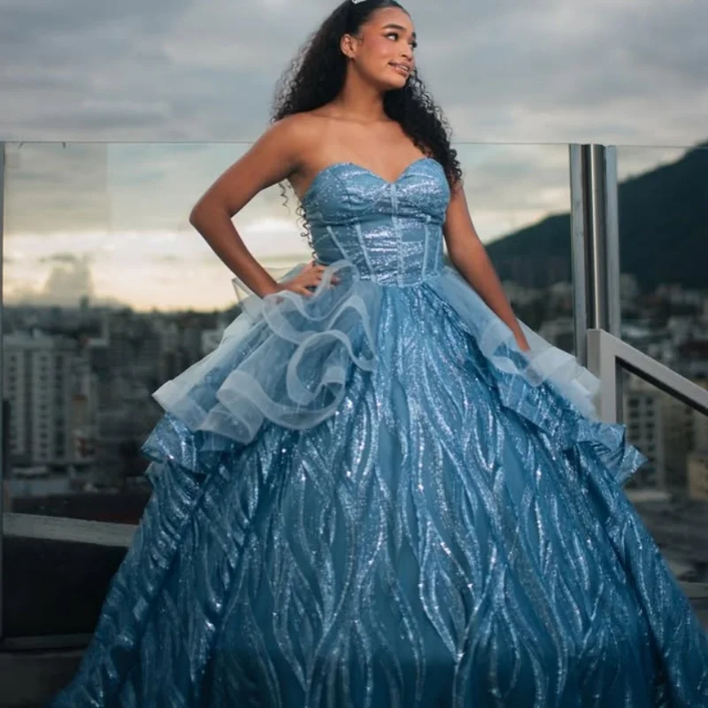 

Shiny Blue Quinceanera Dress off-shoulder Crystal Glitter Decal Lace layering Long tail vestidos de 15 Quinceanera ﻿Customize