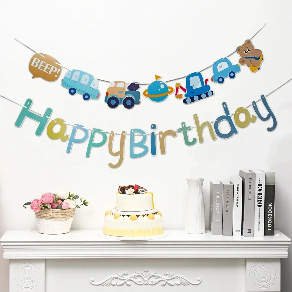 Blaues Auto Happy Birthday Banner Einjähriges 1. Geburtstagsfeier Dekoration für Kinder Baby Shower Wimpelkette Girlande Flaggen Zubehör