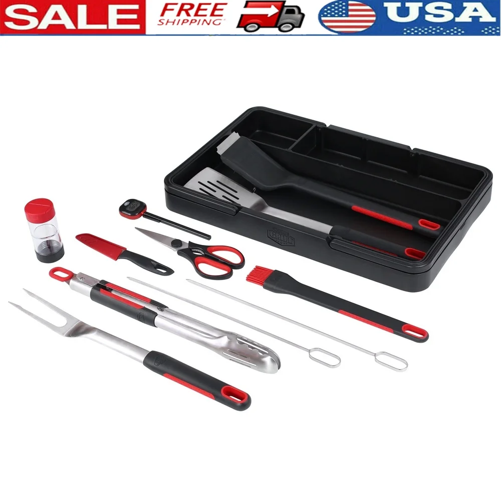 

12 Piece Stainless Steel BBQ Tool Set with Digital Thermometer Spatula Tongs Cleaning Brush Basting Brush Caddy Skewers Grilling