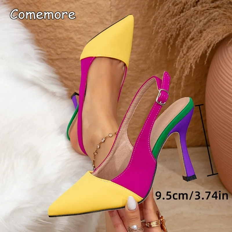 Color Block Slingback Stiletto Pumps Women's Pointed Toe Ankle Strap Heels Retro Party Dress Shoes Fashion Sandalias De Mujer image 5