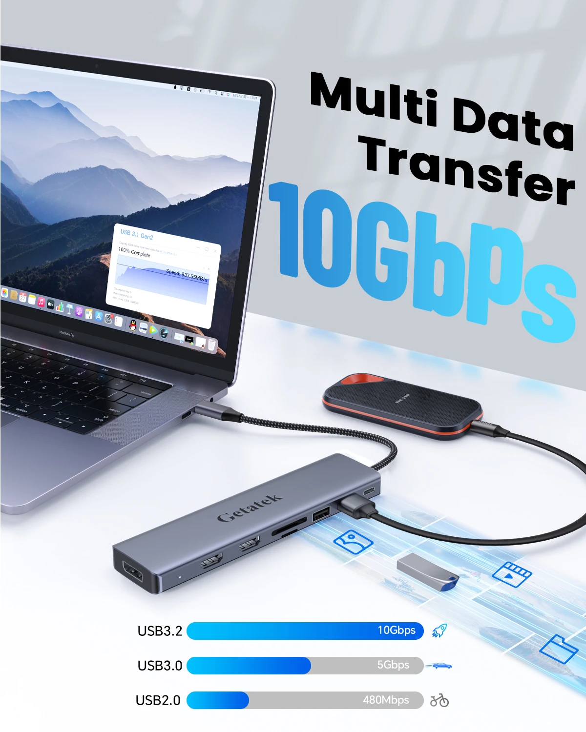 GETATEK 8 in 1 USB C Docking Station 10Gbps USB3.2 4K60Hz HDMI DP PD100W SD TF Card Reader Multiport Hub for MacBook iPad Laptop