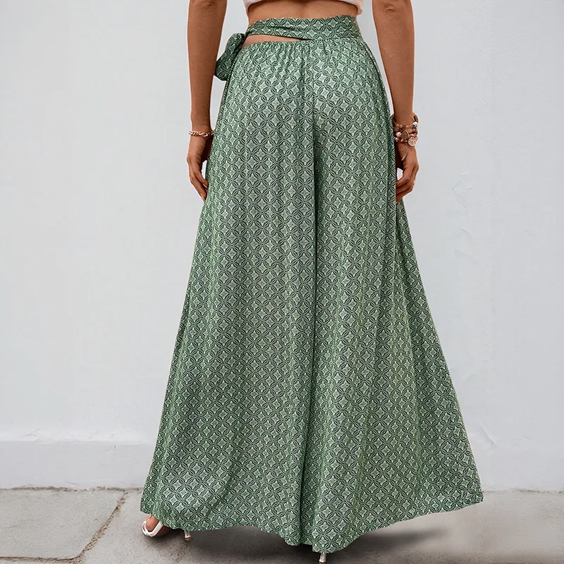 Summer Autumn 2025 Wide Leg Pants Loose Casual Vacation Beach Tie High Waist Long Trousers Comfortable Loose Printed Trousers