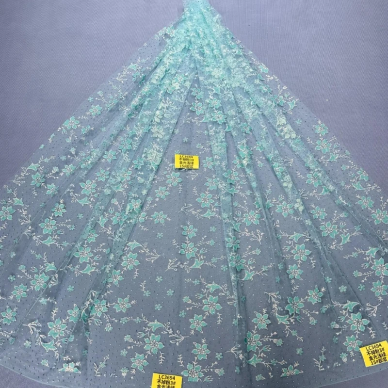 

Don't lose powder Mint Green Patterned Wedding Dress Fabric with Mesh Gold Spray Lace 150cm Wedding Party Spray gold Tull fabric