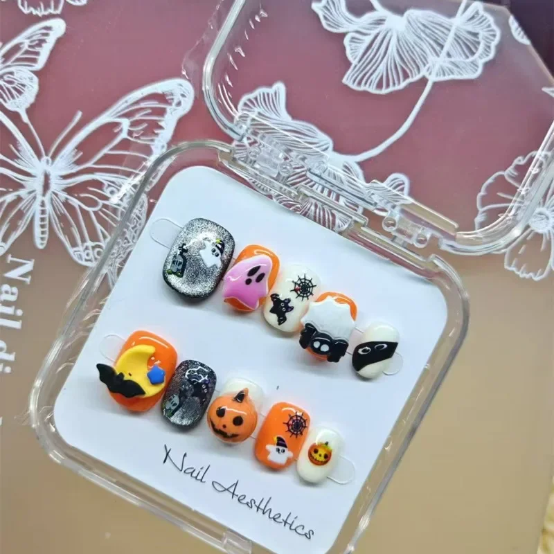 Short Handmade Cute Halloween 3d Press on Acyrlic Nails with Glue for Hands Kawaii Girls 10 Pcs Nail Tips with Box and Tools