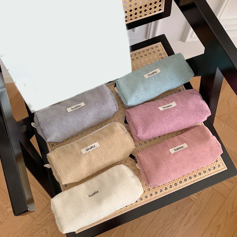 Korean Corduroy Cosmetic Bag Small Makeup Pouch Lady Portable Travel Toiletry Bag Necesserie Organizer Student Cute Pencil Case