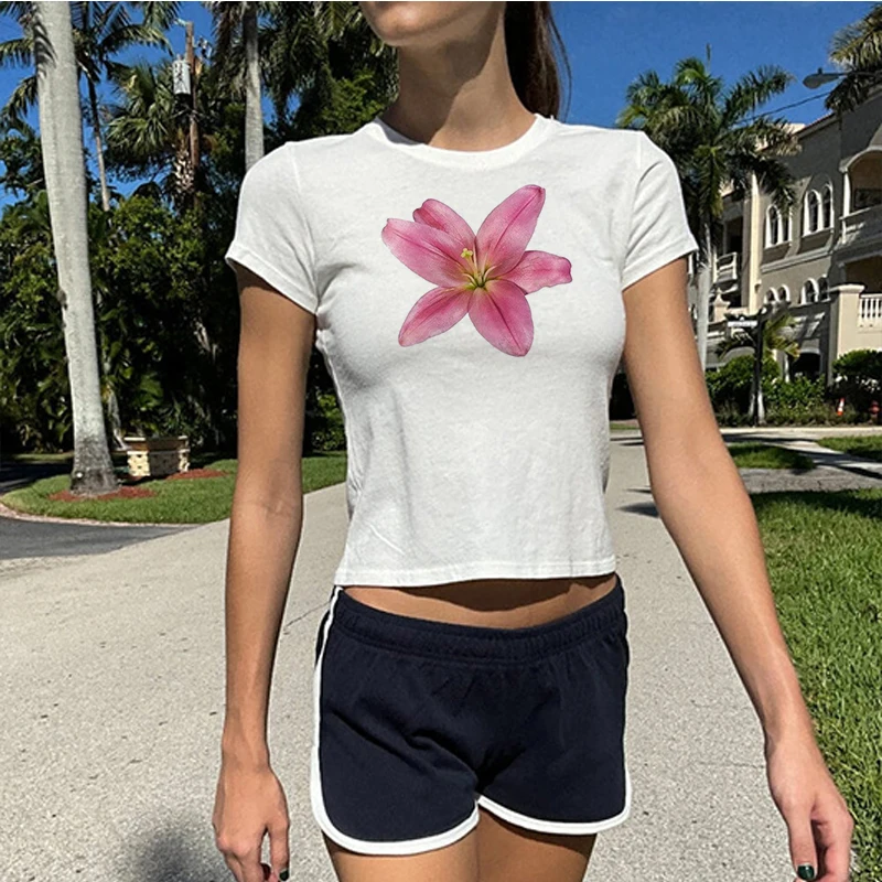 Flower Shaped Print Gothic Crop Tops O-Neck Grunge Hip-Hop Short Leeve T-shirts Women Clothes Fashion Woman 2024 Y2K Style