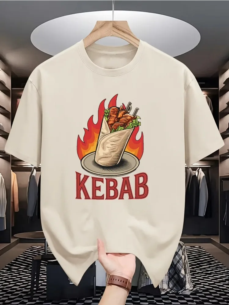 Men's Summer Cotton Casual Loose Fashion Kebab Pattern Printed Comfortable Sports Round Neck Short Sleeve T-shirt Top