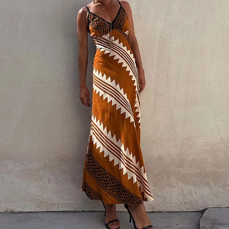 

Fashion Ethnic Print Retro Dresses Summer Chic Suspender Draped 2024 Vocation Dress Casual Women Off Shoulder Folds Long Dress