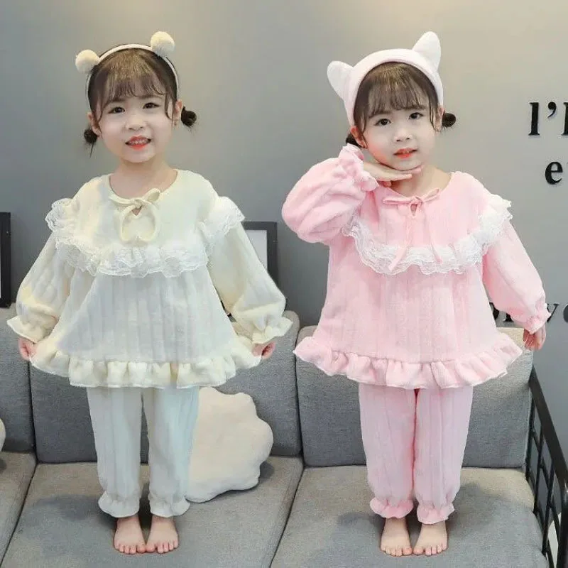 Cute Sweet Style Girls\' Pajamas Set Children\'s Thickened Warm Long-sleeved Home Clothes Baby Girl Solid Color Pullover Pajamas