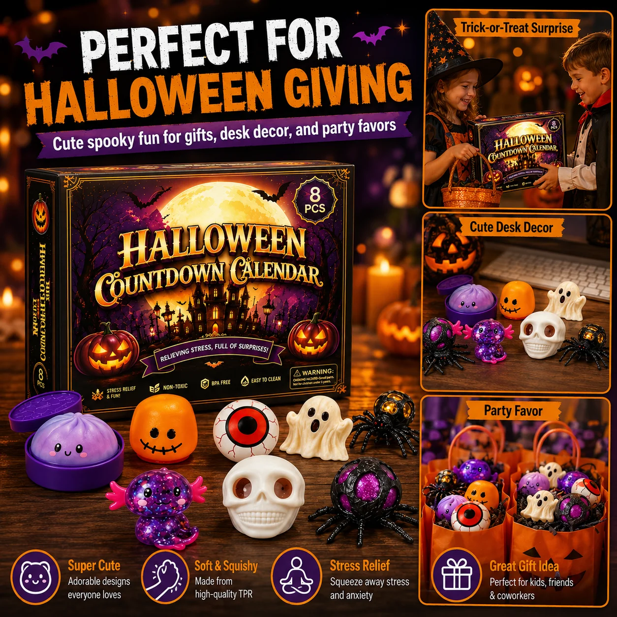 Ghost Squishy Toy Halloween Slow Rising Soft Squeeze Sensory Fidget Stress Relief Tactile Office Desk Novelty Gift Set Box