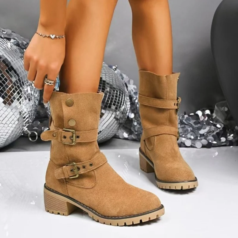 

Women Mid-calf Boots High Quality Suede Leather Casual Boot Retro Belt Buckle Design Women Boots Western Cowboy Boot Botas Mujer