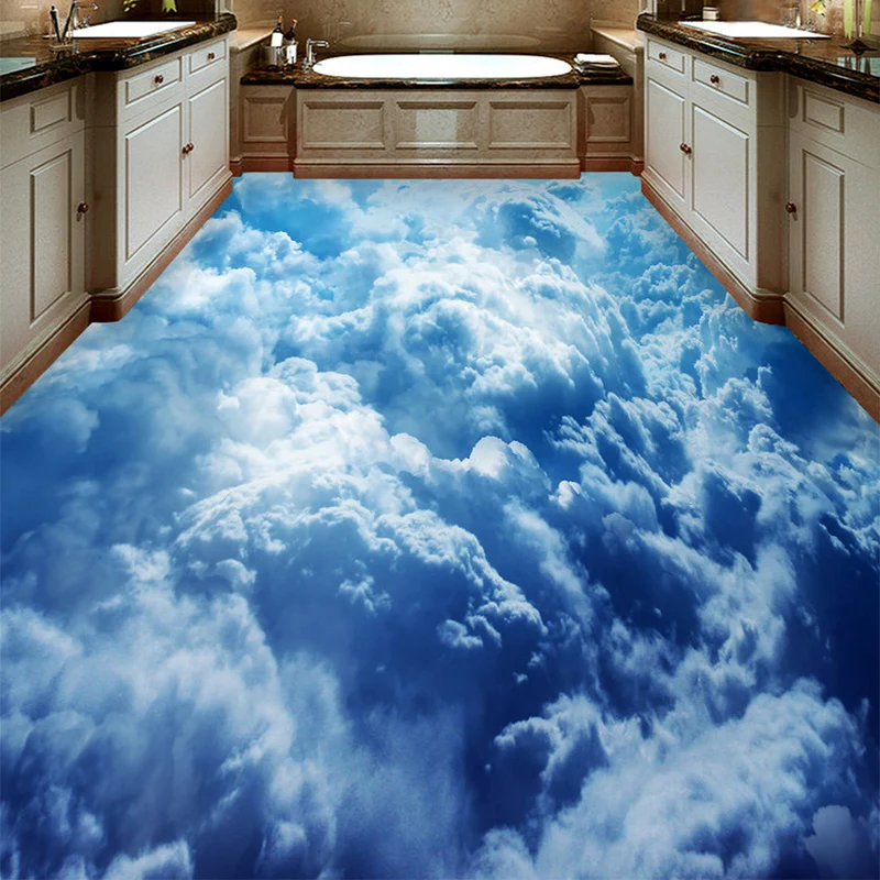 Custom Self-adhesive Floor Mural Modern Blue Sky Clouds 3D Wallpaper Living Room Bedroom Bathroom PVC Creative Home Decor Murals