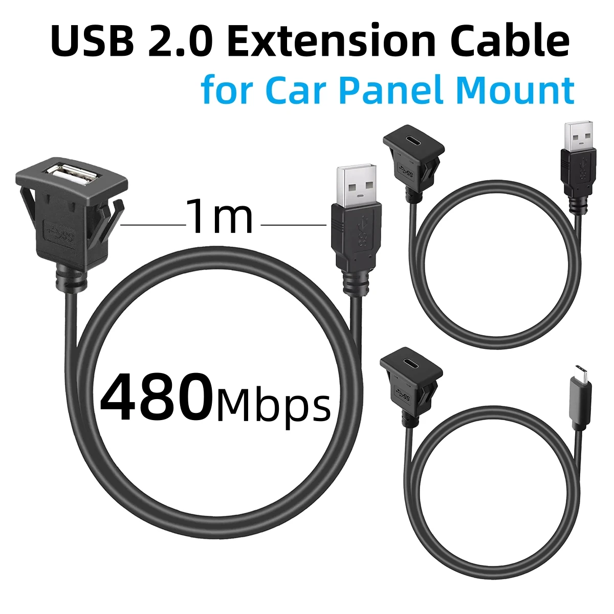 

1M Square USB2.0 Type C Panel Cable USB 2.0 Male to C Female Flush Mount Extension Cord for Car Truck Boat Motorcycle Dashboard