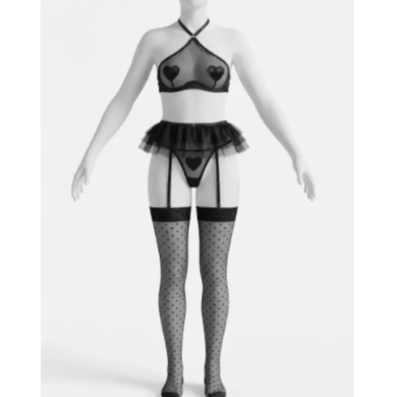 

Комплект нижнего белья из 4 предметов: бюстгальтер-халтер в форме сердца, стринги, пояс для чулок, прозрачные чулки. Романтическое белье для вечернего образа на День святого Валентина.